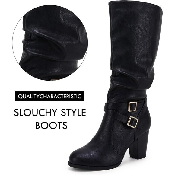 Women Black 1 Mid Knee High Boots Chunky Heel Slouchy Metal Buckle Winter Shoes - Picture 4 of 7
